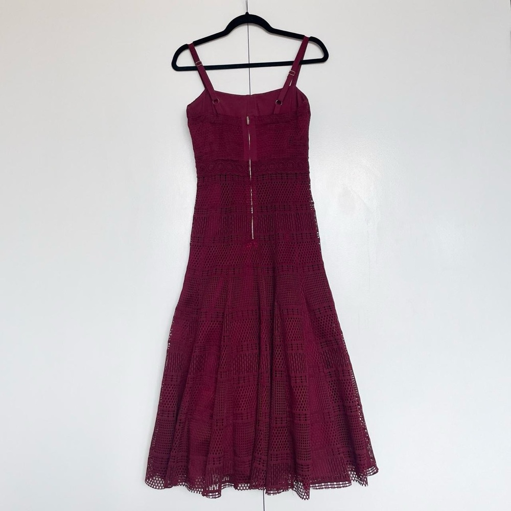 Sandro | Burgundy lace flared midi sleeveless cocktail dress | Size S - Picture 6 of 8